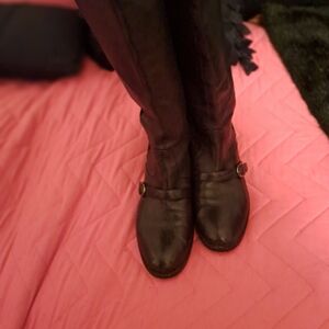 Source Unknown Black Over-the-Knee Leather Boots with Buckle Detail